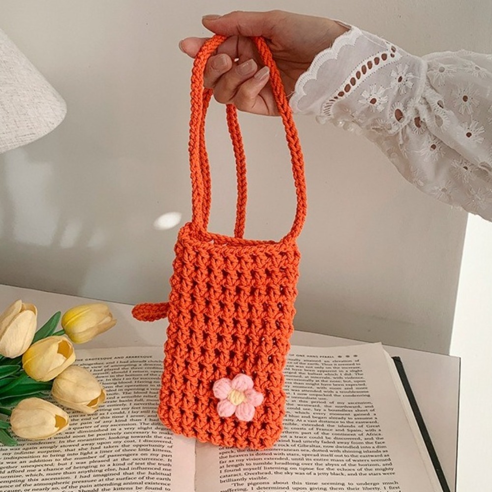Outdoor Planting Bag - กระเป๋าสะพายข้างลายดอกไม้ถักน่ารัก กระเป๋าโทรศัพท์ทรงสี่เหลี่ยมแบบโปร่ง กระเป๋าถือถักสีพื้น กระเป๋าสะพายไหล่ถักสำหรับใช้ในชีวิตประจำวัน