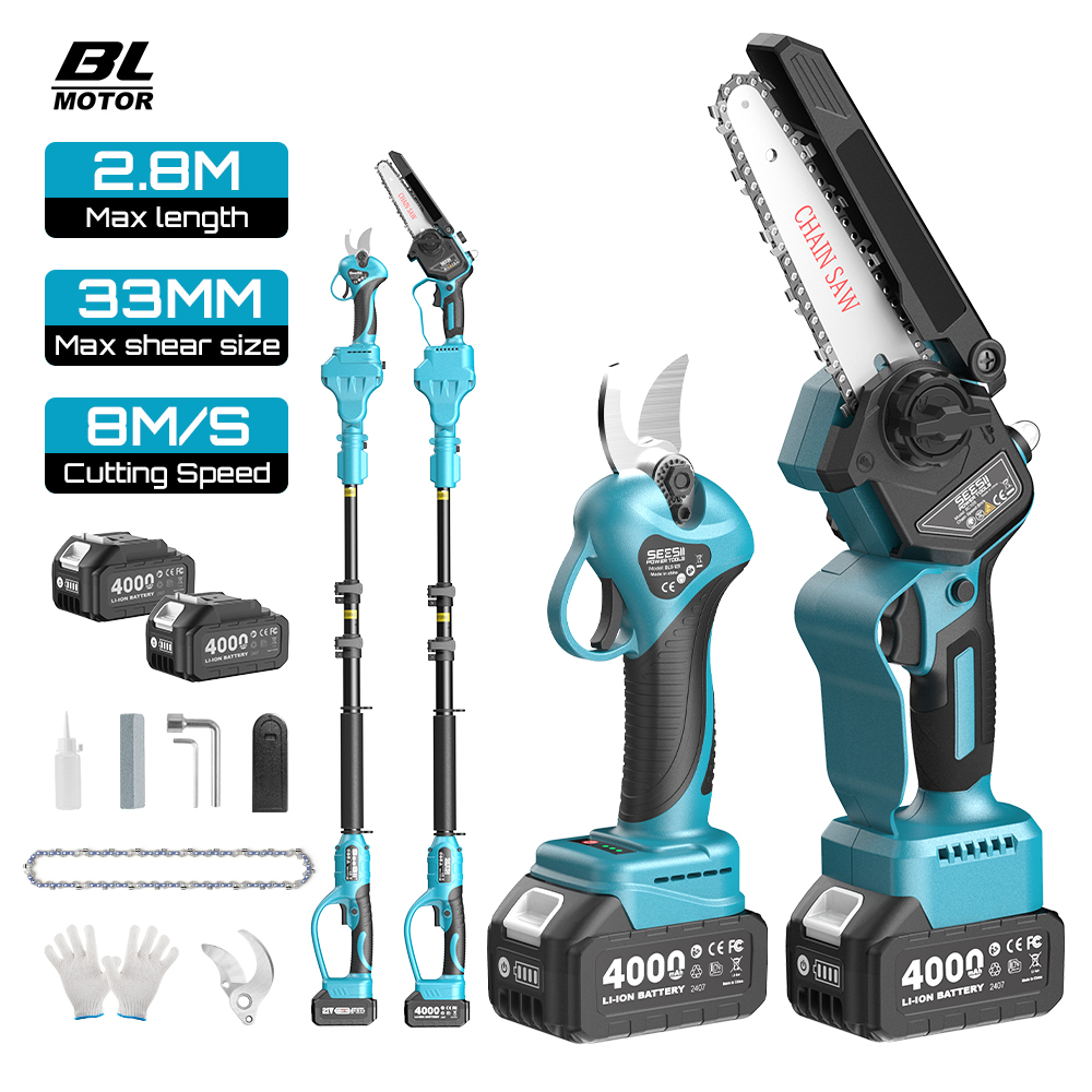 Gardening Tools Basic - กรรไกรตัดกิ่งไม้แบบยืดหดได้ Seesii 3-in-1 พร้อมเลื่อยไฟฟ้าไร้แปรงถ่าน ใช้กับแบตเตอรี่ Makita